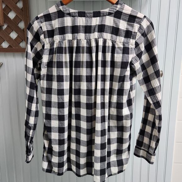 Loft Black and White Checkered Mandarin Collar Long Sleeve Blouse - Picture 2 of 7